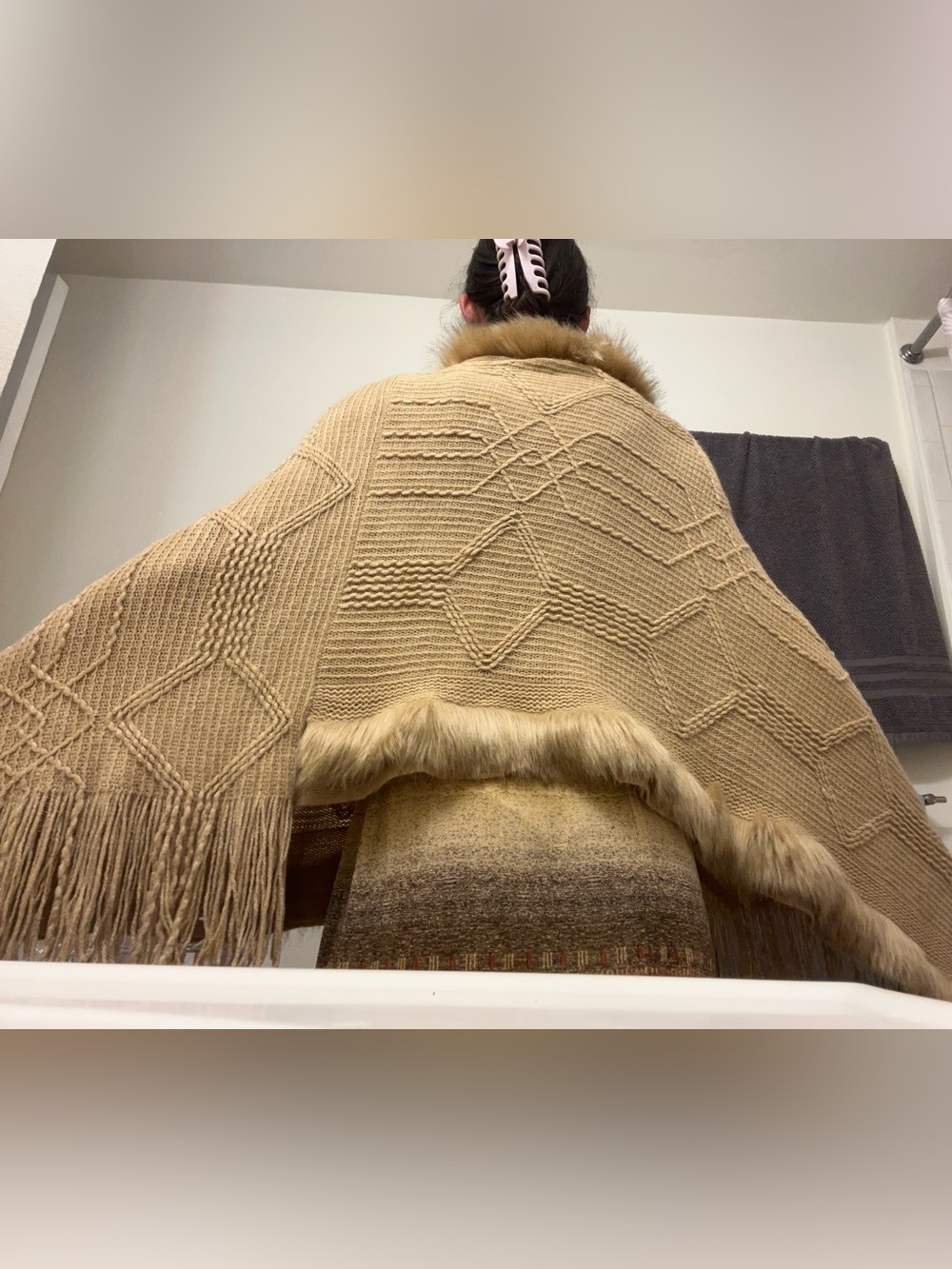 Beige Knit Poncho with Faux Fur Trim